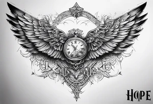full chest tattoo with multiple scars with wings on the shoulders and the word "hope" tattoo idea