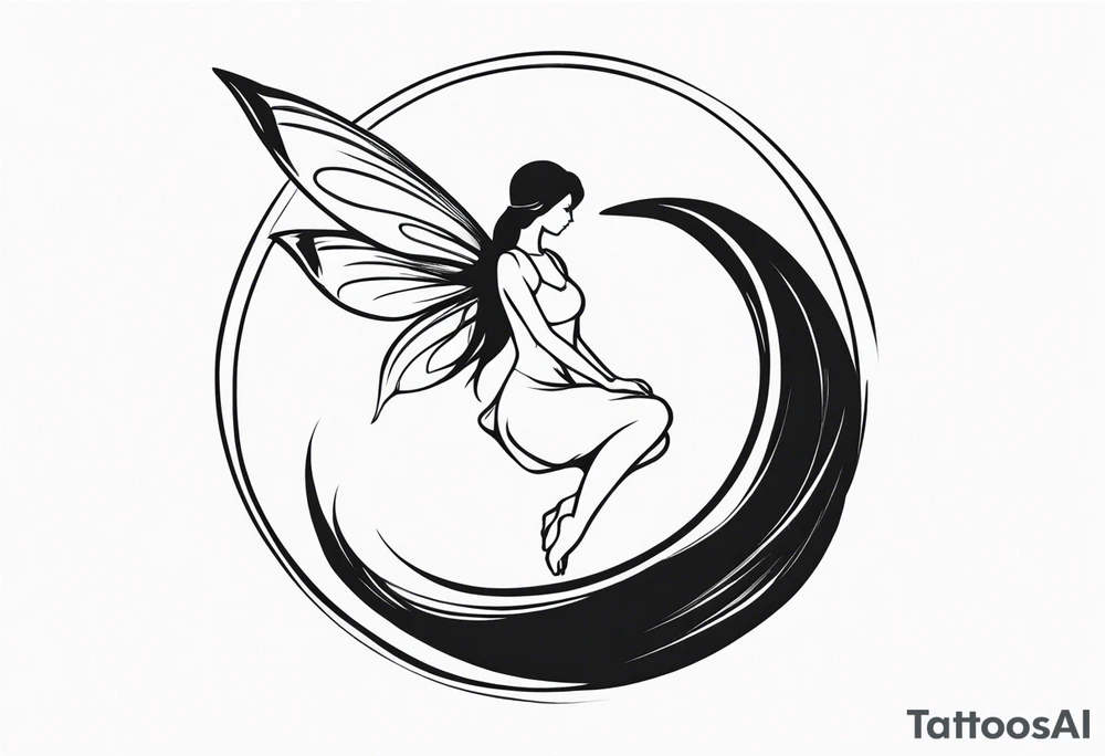 Minimalistic, monochromatic fairy with a tail flying to the left in a fetal position, leaning and looking in the same direction, with visible hands, embodying the 'Fairy Tail' logo aesthetic. tattoo idea