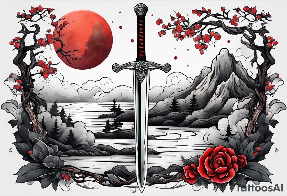 Sword with red moon behind it in the woods tattoo idea