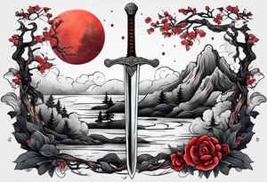 Sword with red moon behind it in the woods tattoo idea