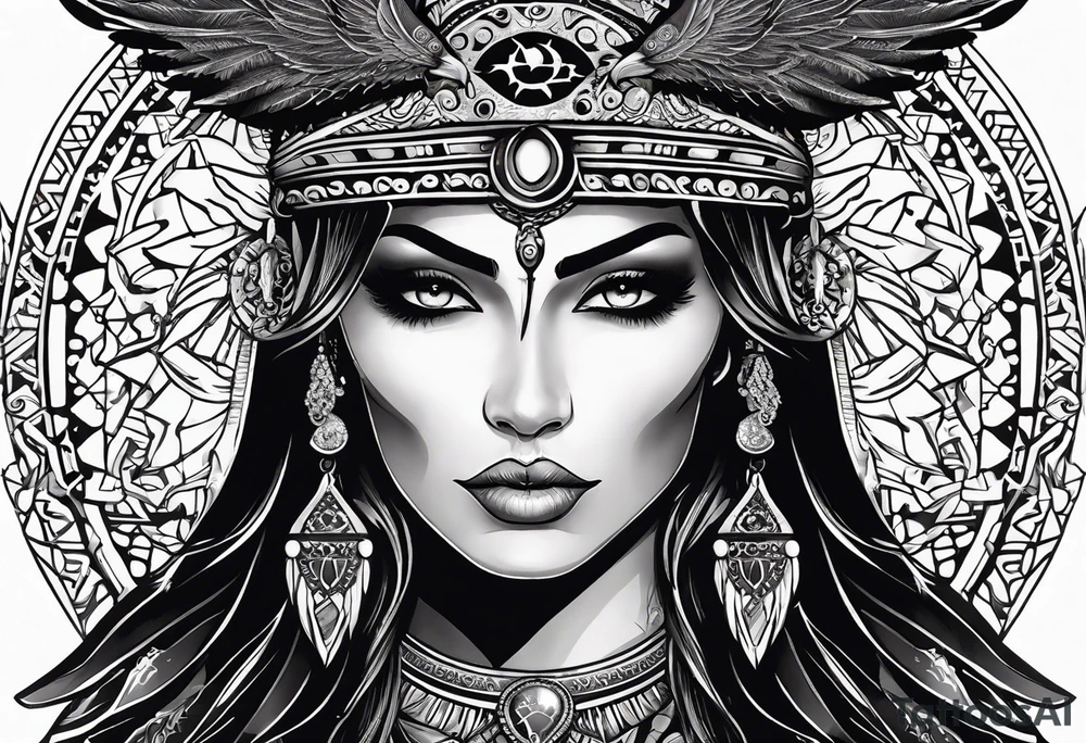 black kali, goddess pirate, alien, pachamama, valkrye, warrior, skull, lotus azul, wing, eagle, zenza resonance, stars, 5D tattoo idea
