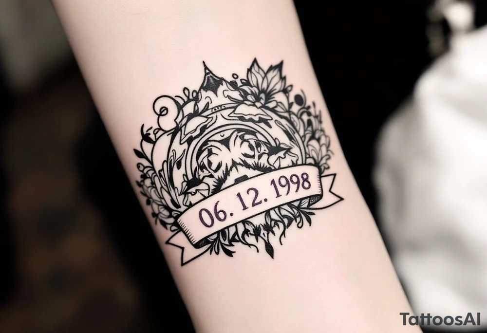 Soft 06.12.1998 in gray cursive with pale lilac linework forming a ribbon below it. tattoo idea