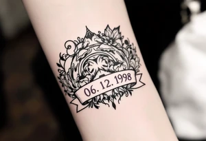 Soft 06.12.1998 in gray cursive with pale lilac linework forming a ribbon below it. tattoo idea