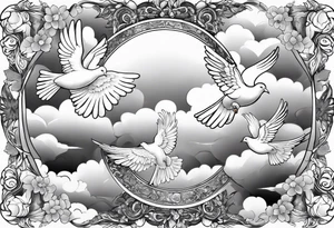 religious leg sleeve with nature, doves, clouds and angel tattoo idea