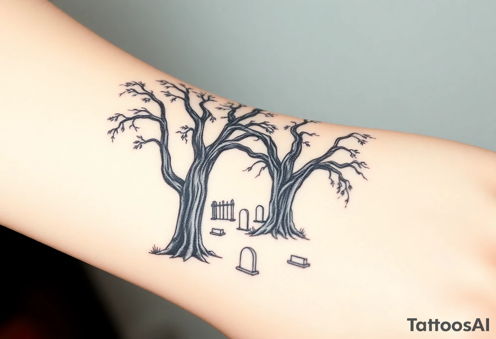 Laurel oak trees with Spanish moss in a cemetery tattoo idea