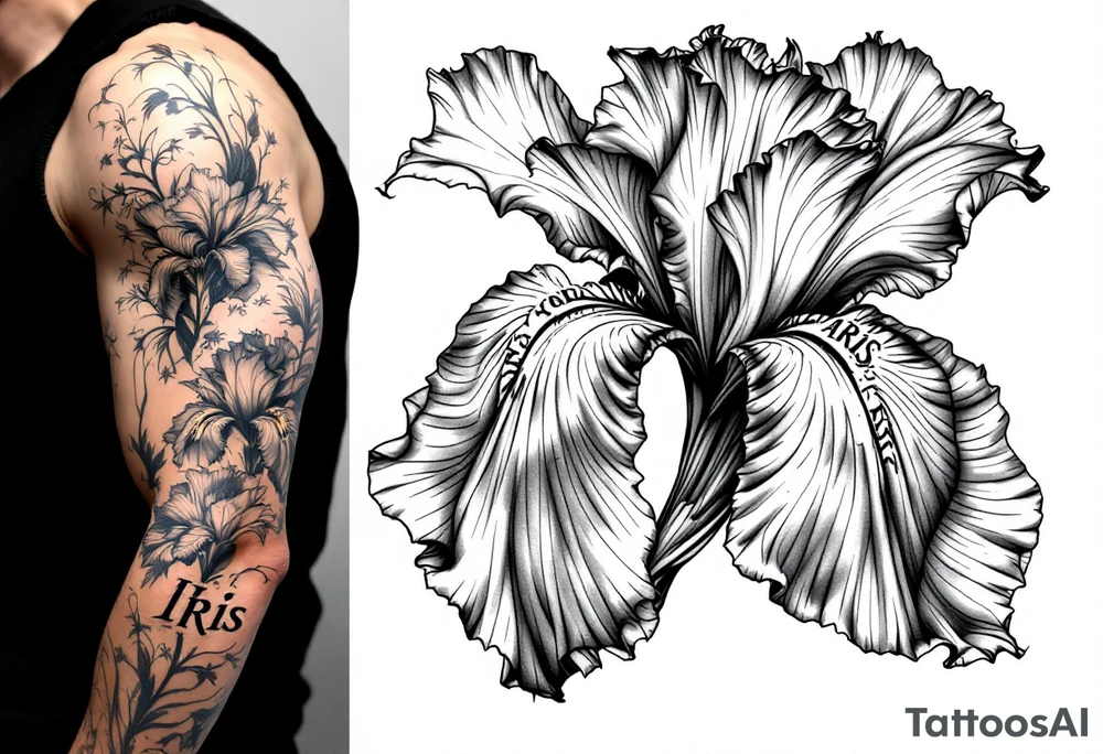 big iris flower with the name “IRIS” written in the stem of the flower tattoo idea