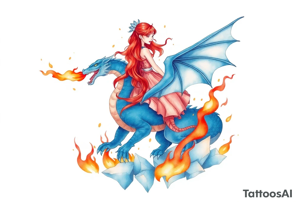 Redheaded girl on a blue dragon who is breathing fire with wings spread and flying over ice and flames tattoo idea