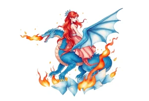 Redheaded girl on a blue dragon who is breathing fire with wings spread and flying over ice and flames tattoo idea