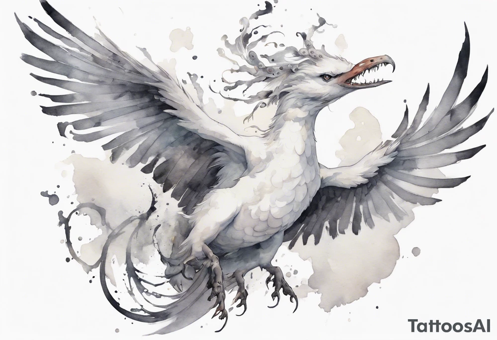 a white bird-serpent hybrid, wearing a small grey crown on its head, flying in the air tattoo idea