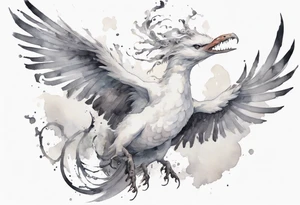 a white bird-serpent hybrid, wearing a small grey crown on its head, flying in the air tattoo idea