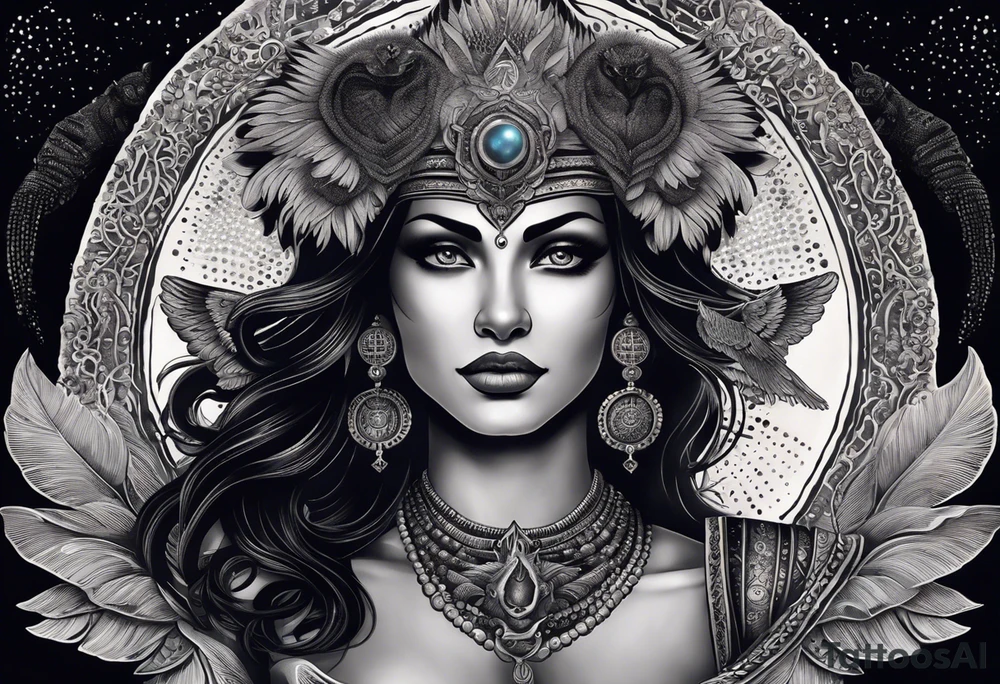 black kali, goddess pirate, alien, angel, pachamama, valkrye, warrior, flying, skull, lotus azul, wing, eagle, zenza resonance, stars, 5D, anahata chakra, death, durga, riding on a tiger, flying lady, kundalini, chest tatoo, samuri, rebel,s erpent tattoo idea