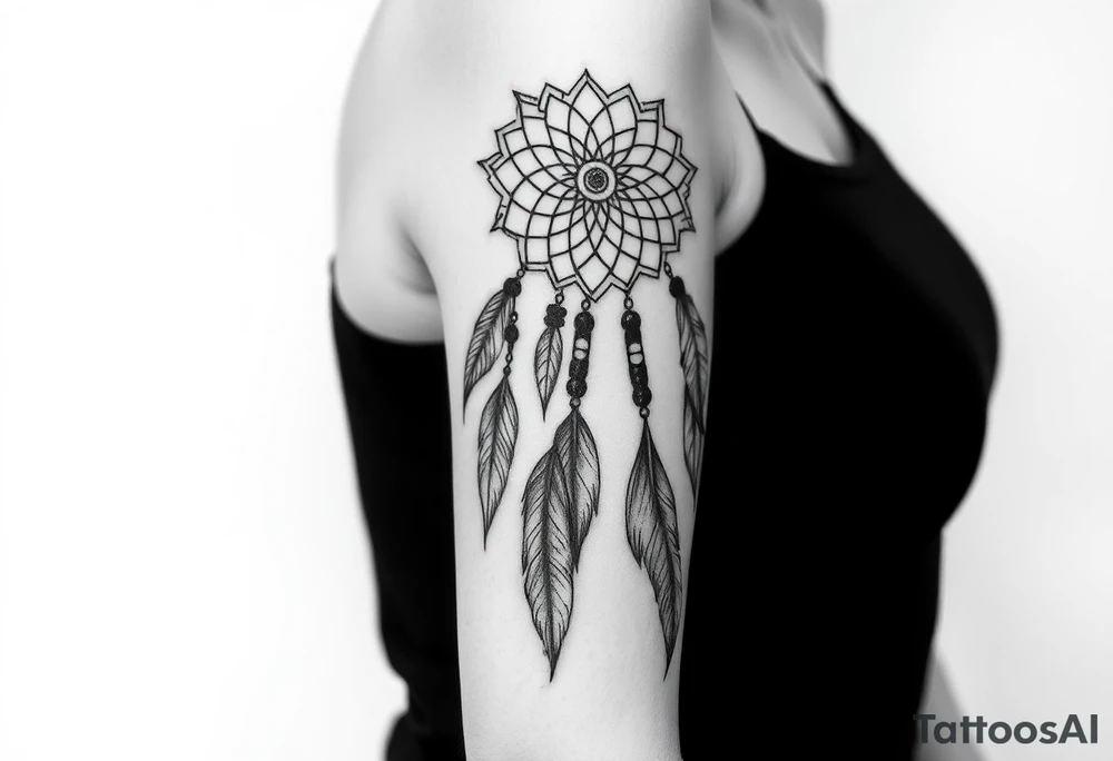 native dreamcatcher with flowing feathers and sacred beads tattoo idea