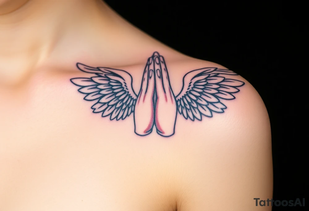 Prayer hand with names mixing in angel wings tattoo idea