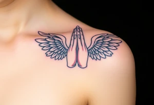 Prayer hand with names mixing in angel wings tattoo idea