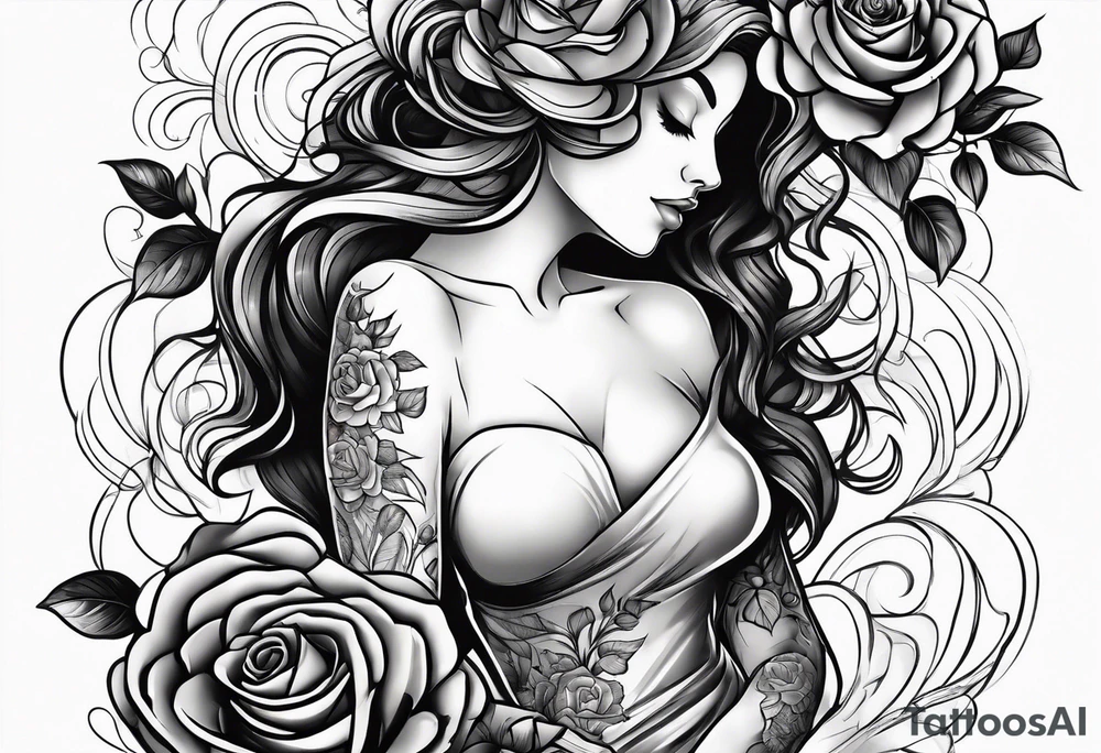 Bloomed rose attached with female body, kneeling tattoo idea