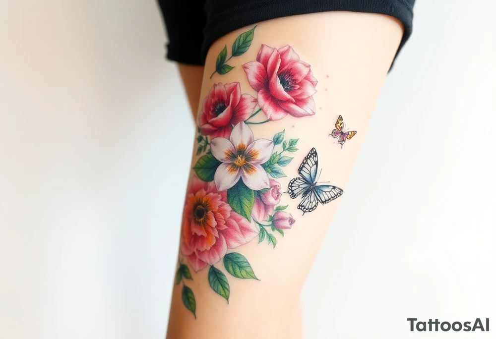 Realistic roses, tulips, and lilies 
and leaves and butterflies with embellishments that goes down and wraps around the leg tattoo idea