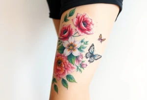 Realistic roses, tulips, and lilies 
and leaves and butterflies with embellishments that goes down and wraps around the leg tattoo idea