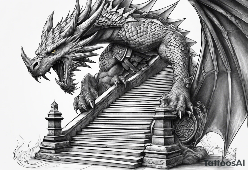 Valhalla sword shield dragon axe Valknut stairs tattoo idea