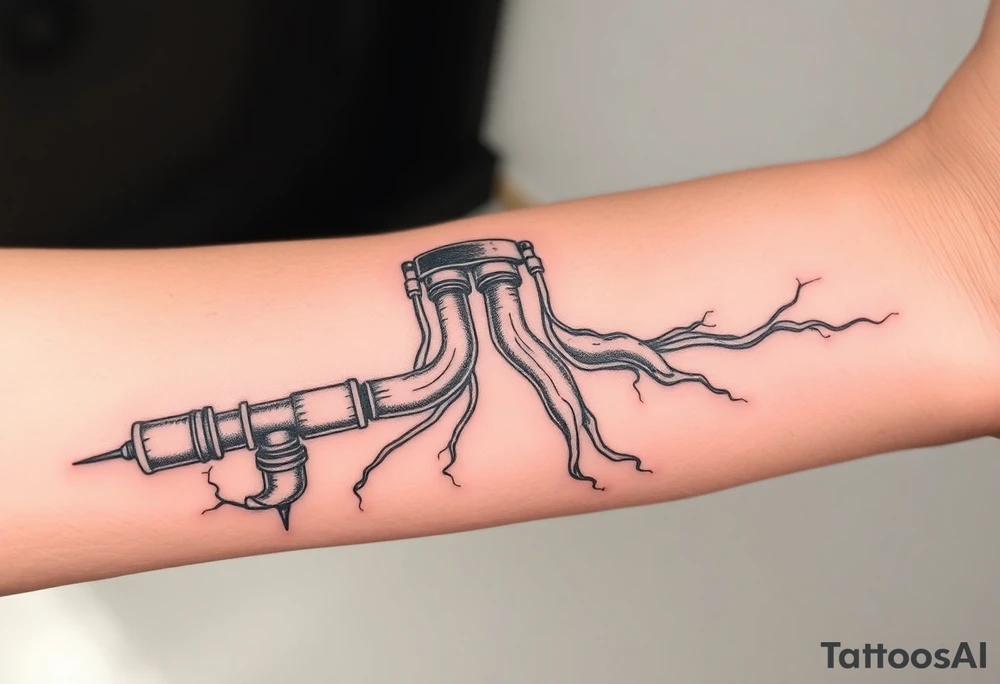 Top pipe starts closer to the elbow, long System of pipes that transitions and transforms into veins of forearm tattoo idea