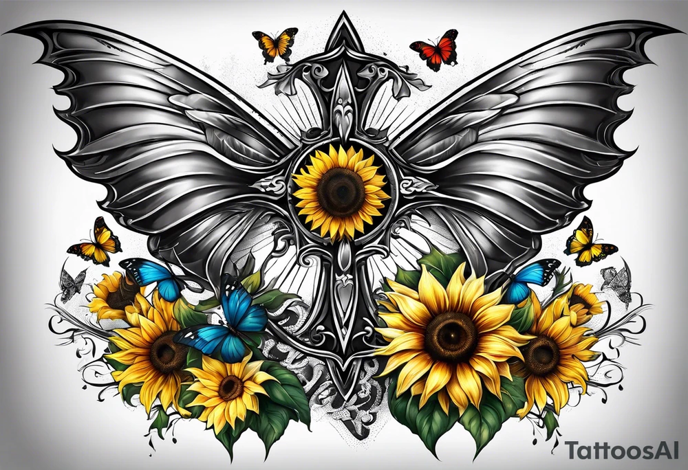 Winged cross with sunflower and butterflies tattoo idea