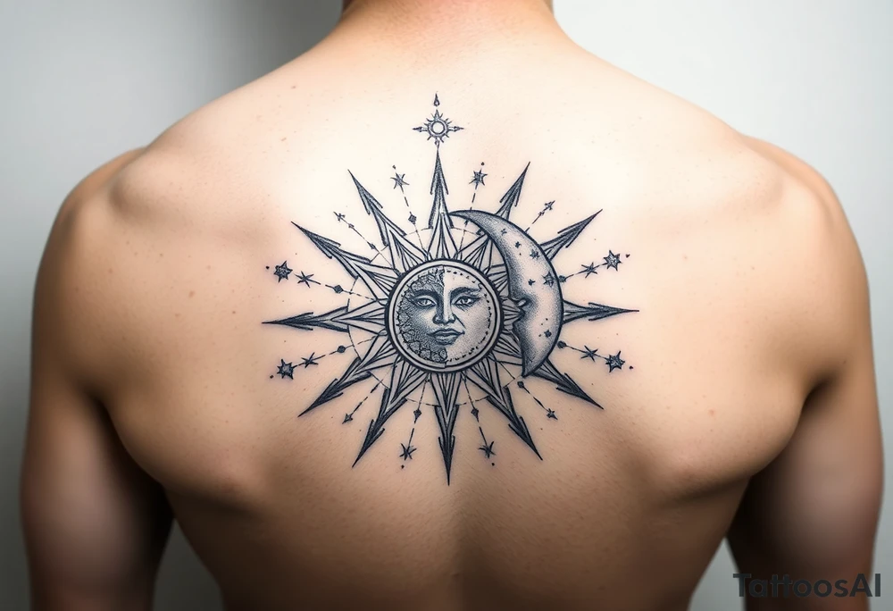 celestial sun and moon embrace with constellation patterns tattoo idea