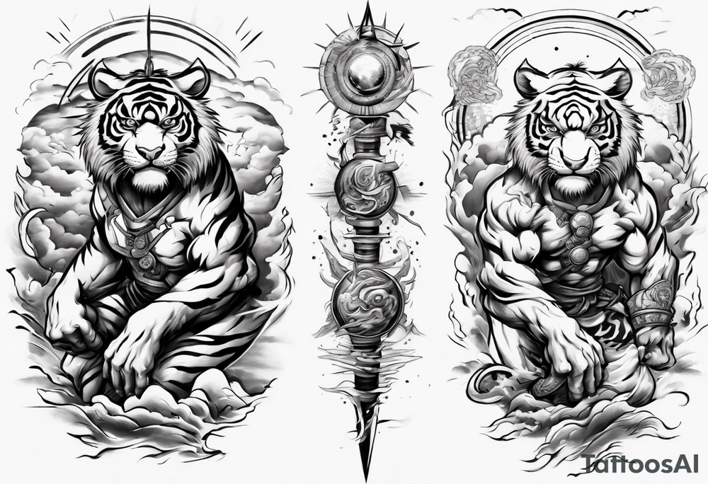 tiger warrior with lightning and the sun for a forearm sleeve tattoo idea
