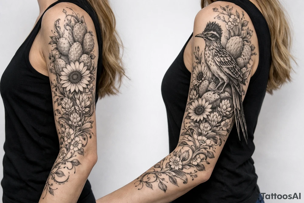Medium size roadrunner with long tail feathers surrounded by cactus and wildflowers including sunflowers and Indian paint brush flowers from shoulder onto hand with vines and flowers tattoo idea
