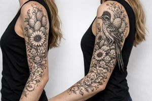 Medium size roadrunner with long tail feathers surrounded by cactus and wildflowers including sunflowers and Indian paint brush flowers from shoulder onto hand with vines and flowers tattoo idea