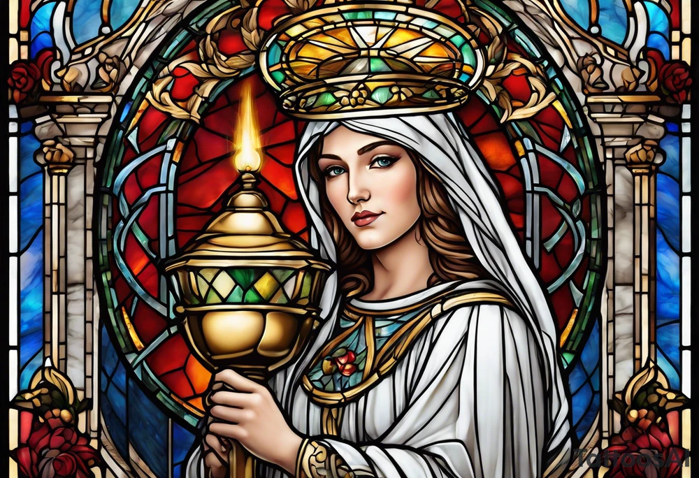 holy saint woman with halo stained glass holding a chalice with artillery tattoo idea