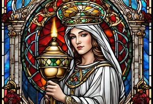 holy saint woman with halo stained glass holding a chalice with artillery tattoo idea