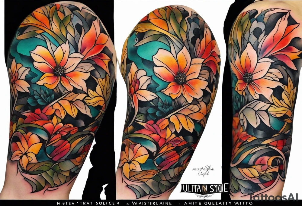 Arm Sleeve Tattoo with fall colors flat tattoo idea