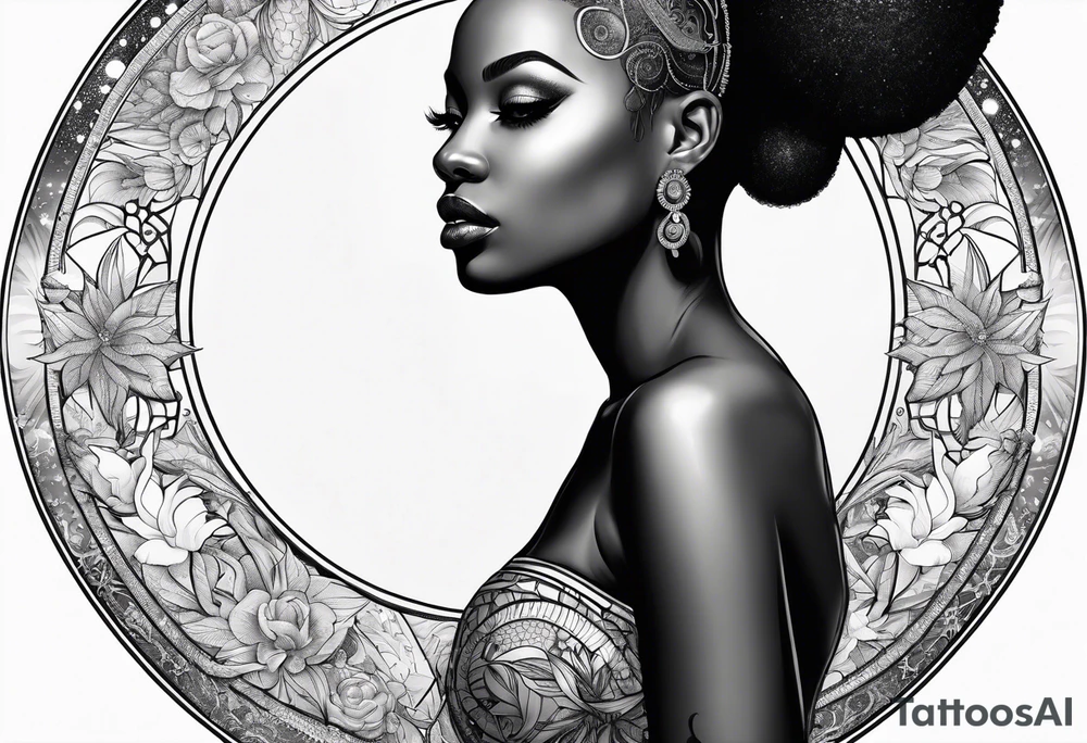 Black woman, royalty, enlightenment, wisdom, astronomy, cancer zodiac, natural, tattoo idea