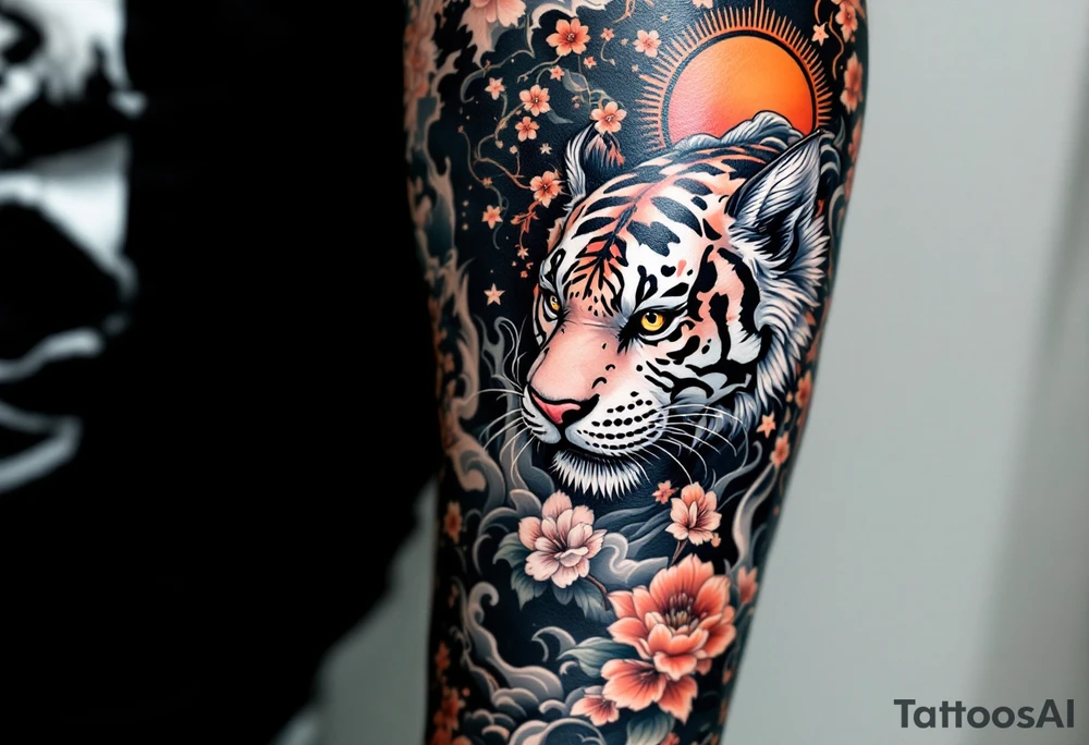 Full arm sleeve, one koi fish, one tiger, the sun, cherry blossom filler, beautiful tattoo idea