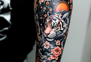 Full arm sleeve, one koi fish, one tiger, the sun, cherry blossom filler, beautiful tattoo idea