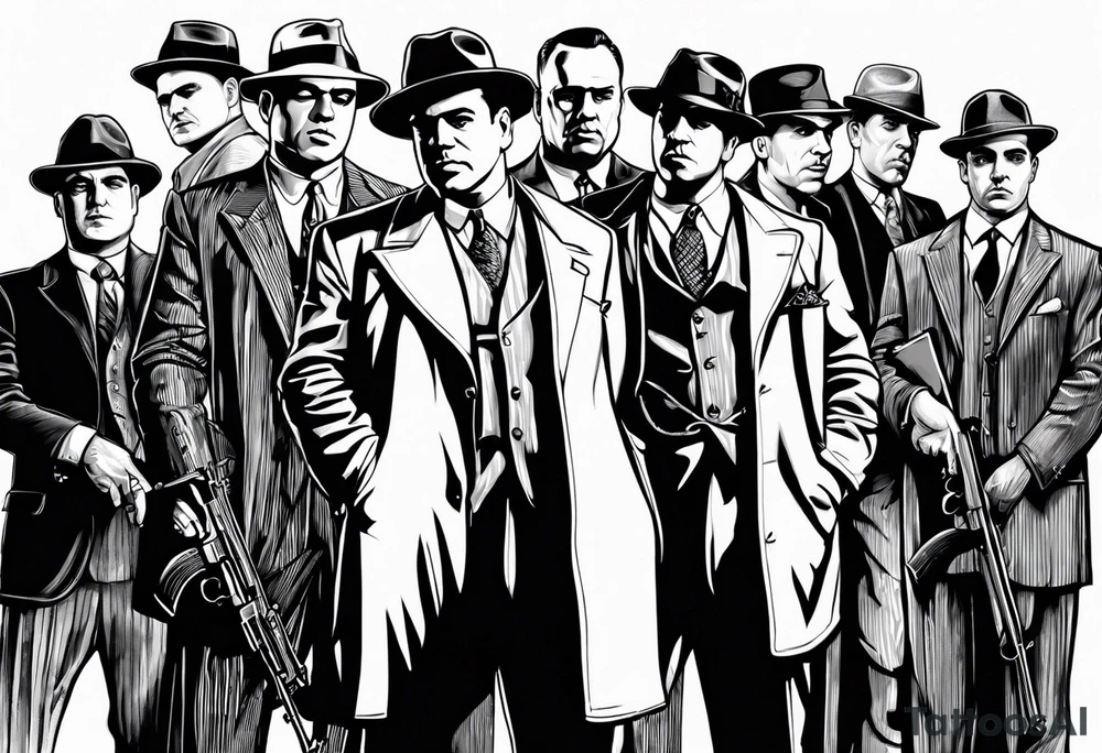 group of gangsters standing together including Al Capone, John Dillinger, Machine Gun Kelley, Bonnie and Clyde along with tommy guns tattoo idea