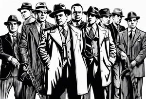 group of gangsters standing together including Al Capone, John Dillinger, Machine Gun Kelley, Bonnie and Clyde along with tommy guns tattoo idea