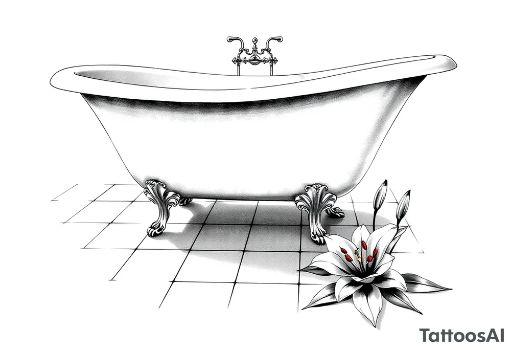 Clawfoot bathtub on tile floor with lily coming up from floor tattoo idea