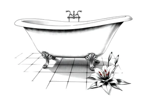 Clawfoot bathtub on tile floor with lily coming up from floor tattoo idea