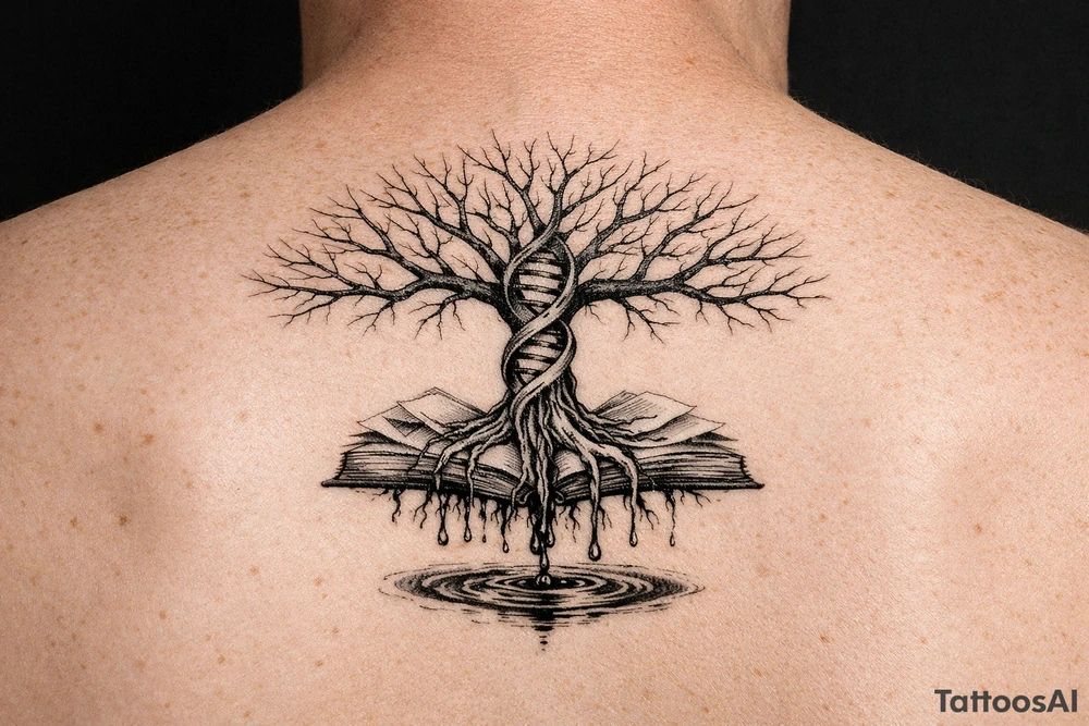 tree of life with a dna spiral for the trunk, bare branches spreading out at different lengths to represent speciation/evolution, and roots sprouting through open books to represent knowledge, with water dripping from the roots into a puddle tattoo idea