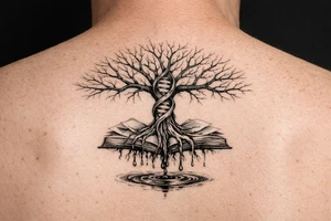 tree of life with a dna spiral for the trunk, bare branches spreading out at different lengths to represent speciation/evolution, and roots sprouting through open books to represent knowledge, with water dripping from the roots into a puddle tattoo idea