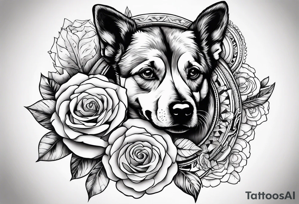 Quero uma manga com um relógio  de bolso, 3 rosas, as patas  de um cão  e tudo com um fundo em tribal tattoo idea