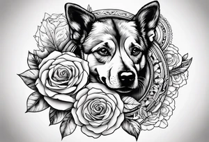 Quero uma manga com um relógio  de bolso, 3 rosas, as patas  de um cão  e tudo com um fundo em tribal tattoo idea
