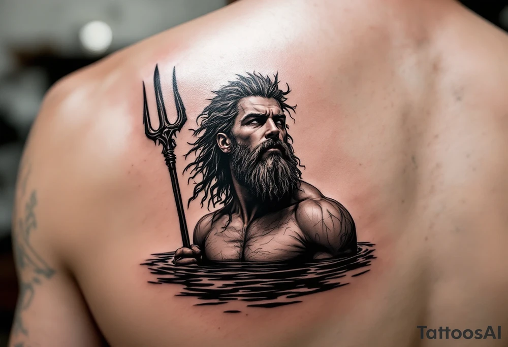 fit poseidon, with trident, in calm water, looking at the horizon tattoo idea