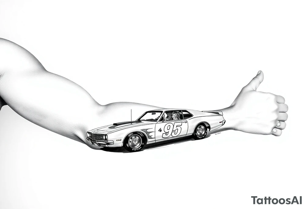 I want arm sleeve that starts with a beach with dale Earnhardt car on the beach with a hot blonde 80’s girl with big hair on the hood. Then an ocean with big waves then a big dark sky with the Milky Way in it and Jimi Hendrix Stratocaster in the sky tattoo idea