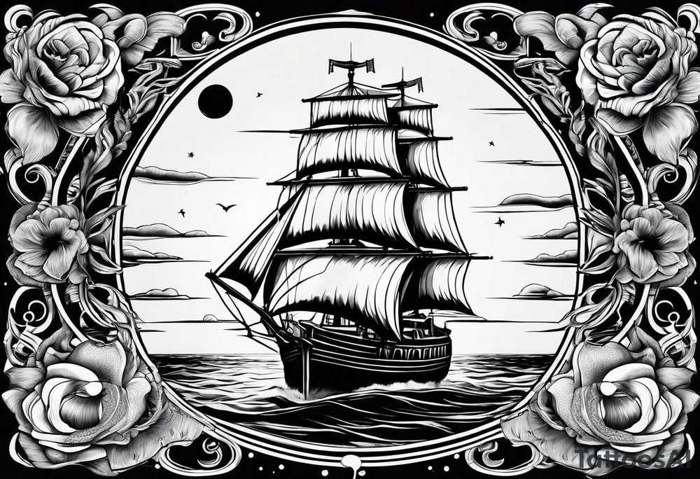 bateau, phare maritime et lune bleu tattoo idea