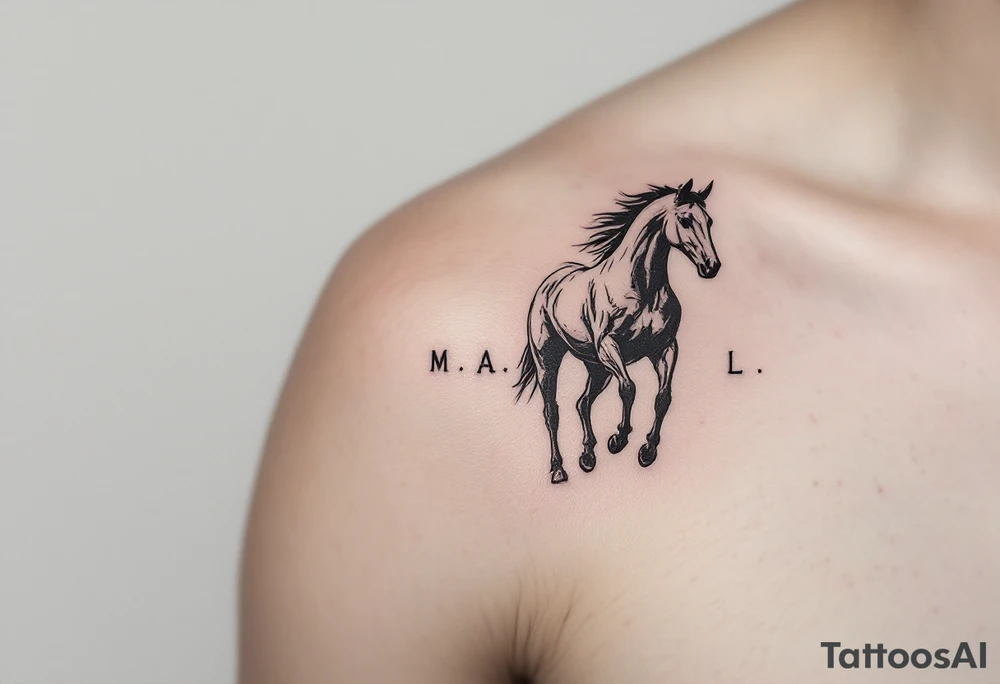 horse silhouette 
from the front which gallops from the front, with the 3 small letters discreetly integrated: M, A, L tattoo idea