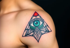 A Pyramid with an All-Seeing Green Eye at the Top (only red , blue and black are possible colors) tattoo idea