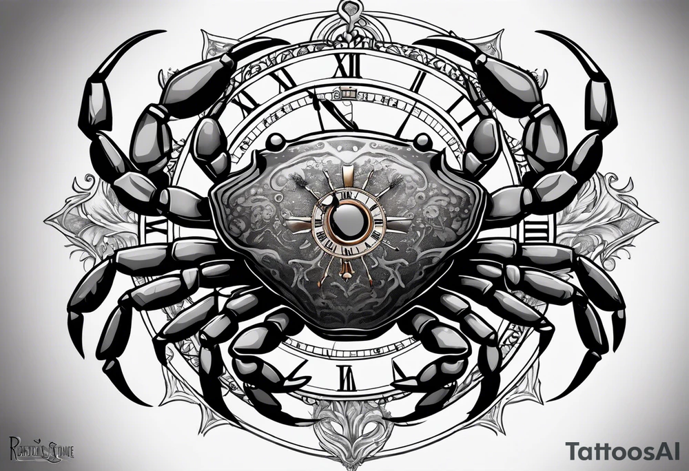 Zodiac crab with clock inside tree of life tattoo idea