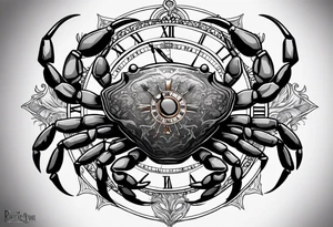 Zodiac crab with clock inside tree of life tattoo idea