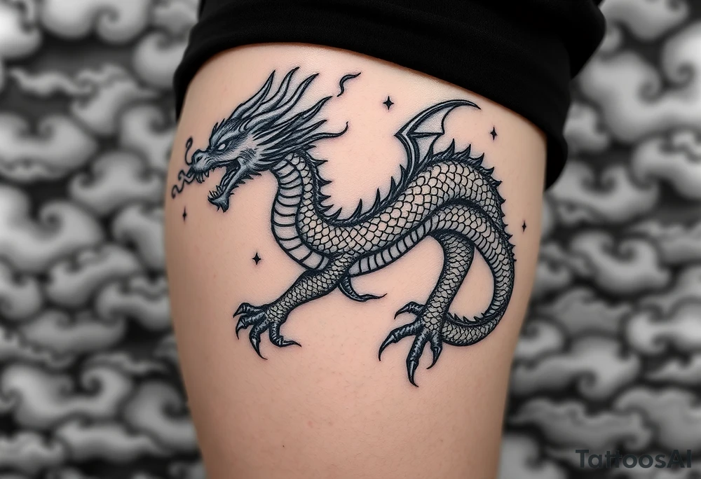fierce dragon breathing iridescent fire against stormy skies tattoo idea
